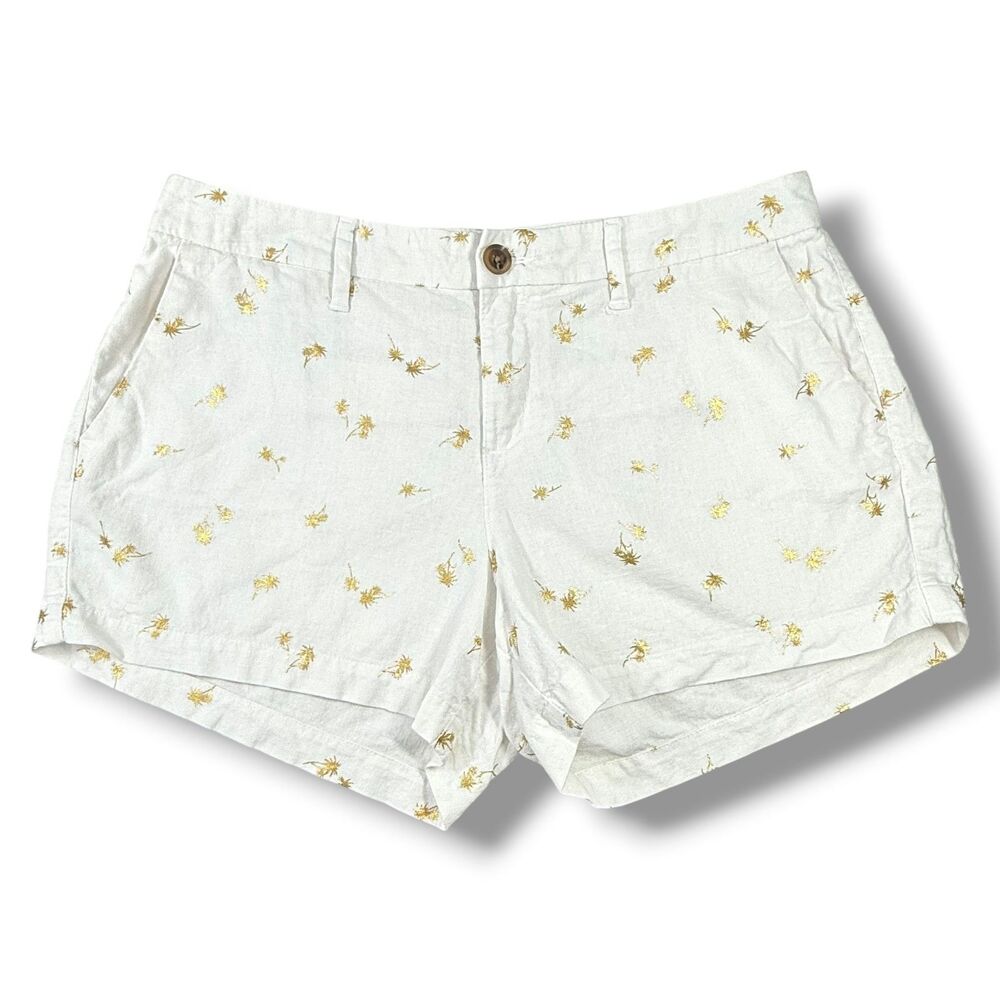 Old Navy White Linen Shorts Metallic Gold Palm Tree Print Womens Size 4 Coastal